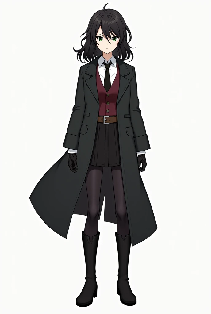 A female elf character, anime. Young and serene appearance of hair down to below the shoulders, wavy and dark, black, with an asymmetrical hairstyle that partially covers one side of her face, His right eye. His eyes are a deep green color. He is wearing black clothing that includes a long, dark trench coat., with long sleeves and a short that reaches to the middle of the thighs. The trench coat has a belt tied at the waist., that fastens in the front. He has a white button-down shirt and a small, wine-red, closed vest.. He wears gloves and high boots and a tie., los tres  black. The posture and facial expression suggest that she is ready for a battle or quick action.. She is tall and serious.
