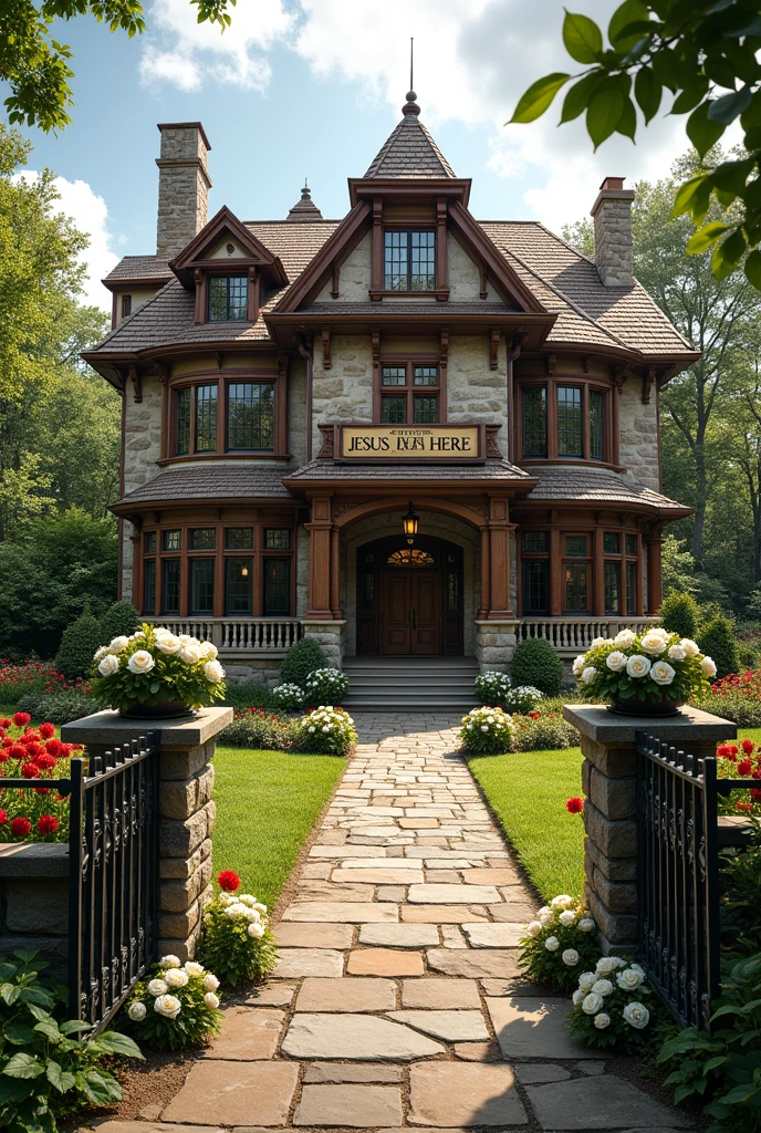 Panoramic image of a two-story country mansion with a wooden and stone facade and a sign that reads JESUS LIVES HERE, with leaf garden, flowers and fruits, with a large garage with a luxury car and a gate with a stone path to the house with white and red roses on the sides. Enlarge the image further