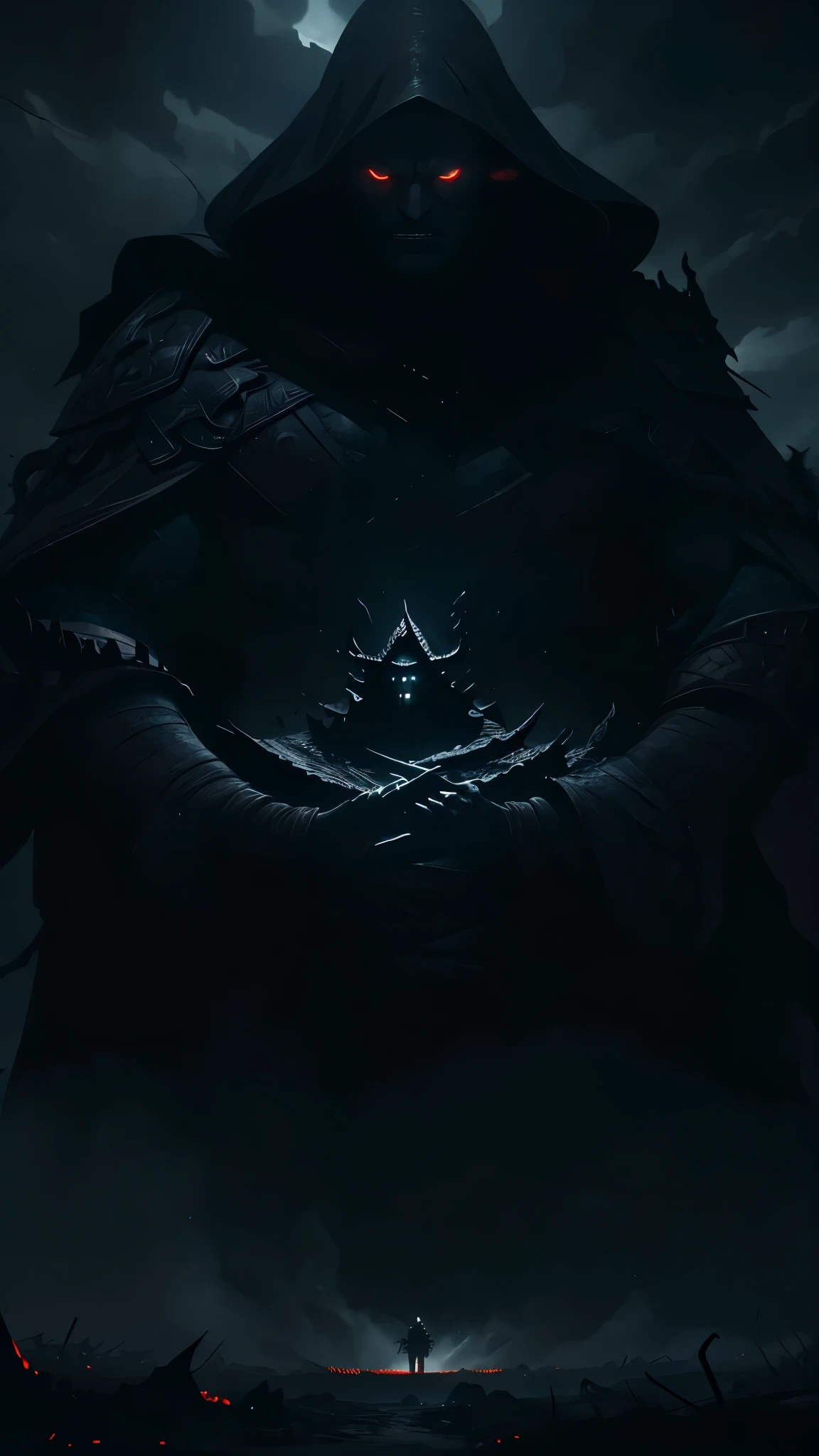 A dark fantasy world with a powerful magical warrior, shrouded in shadow, standing in an epic and grand scene. The atmosphere is heavy and foreboding, with dark clouds swirling above. The environment is intensely dark, with deep shadows and flickering lights. Highly realistic and cinematic visuals.