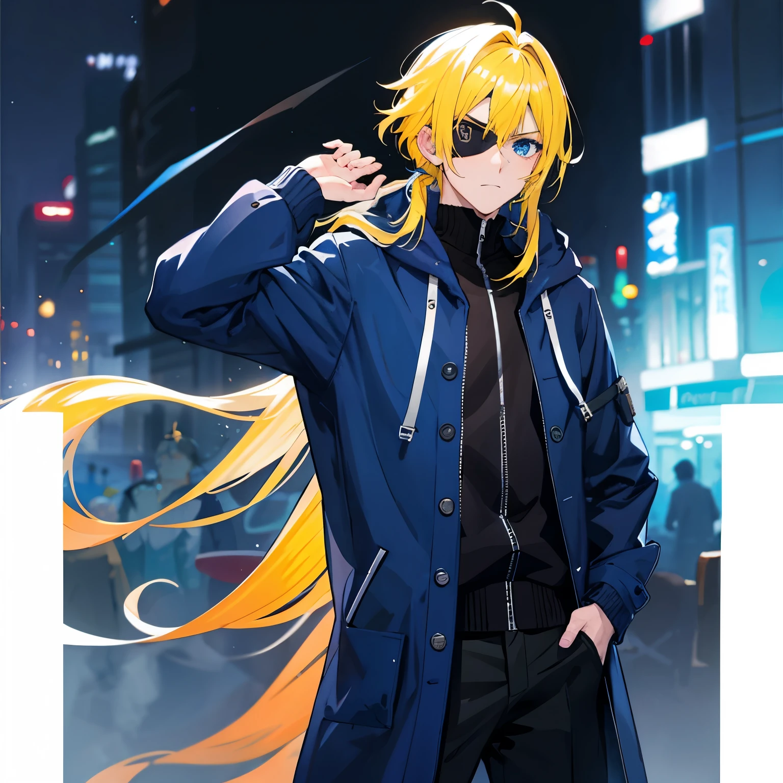A man,Handsome,Long Pony-Tail Hair, Bang, yellow hair, blue eyes, eyepatch, nightcity,Manhwa-Style, Sateen,Hoodie-coat large, Wizard Coat,Put your hands in your pockets
