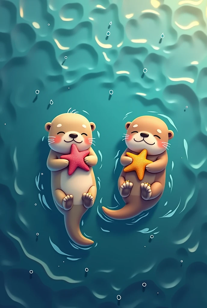 Top-down view of a serene ocean scene where playful sea otters float together, each gently holding a vibrant sea star. The otters are surrounded by the calm blue waters, with their soft fur glistening in the sunlight. The sea stars they hold are brightly colored, adding a touch of whimsy to the scene. The otters are relaxed and joyful, creating a heartwarming and peaceful atmosphere