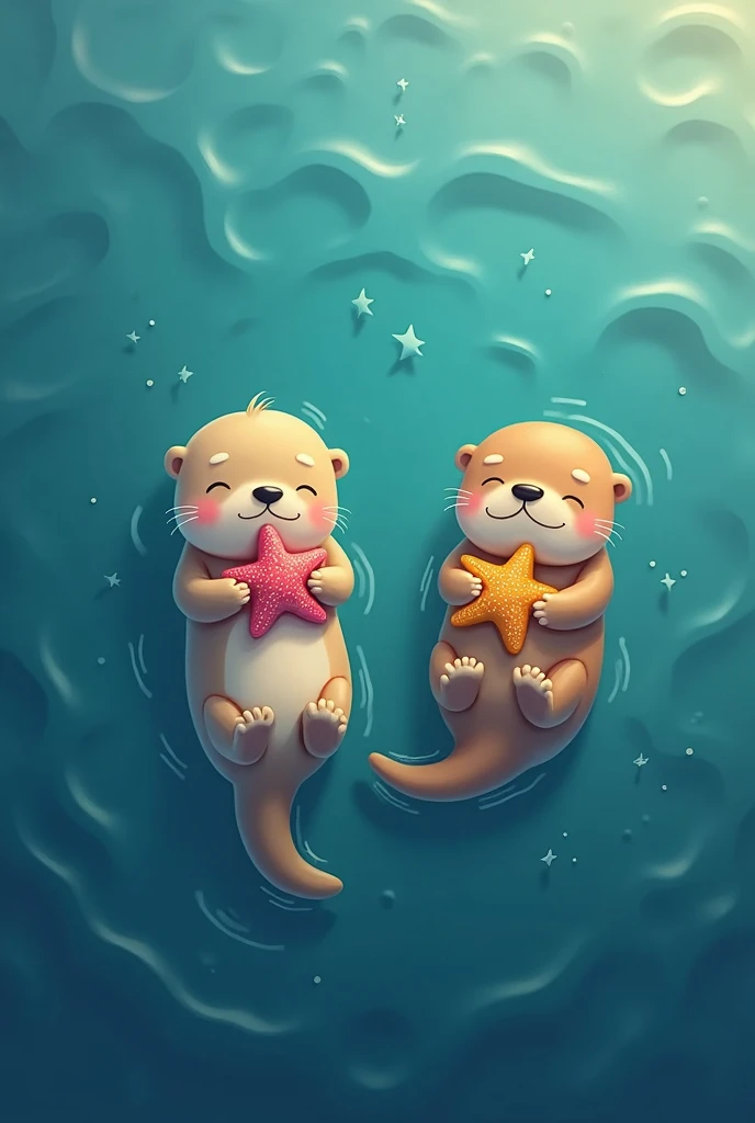 Top-down view of a serene ocean scene where playful sea otters float together, each gently holding a vibrant sea star. The otters are surrounded by the calm blue waters, with their soft fur glistening in the sunlight. The sea stars they hold are brightly colored, adding a touch of whimsy to the scene. The otters are relaxed and joyful, creating a heartwarming and peaceful atmosphere