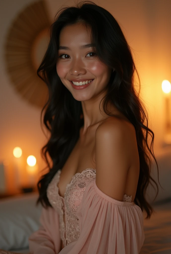 A women, 2, with a indonesian face, a very beautiful smile, she wears sexy dress, and long hair, in a bedroom, full body