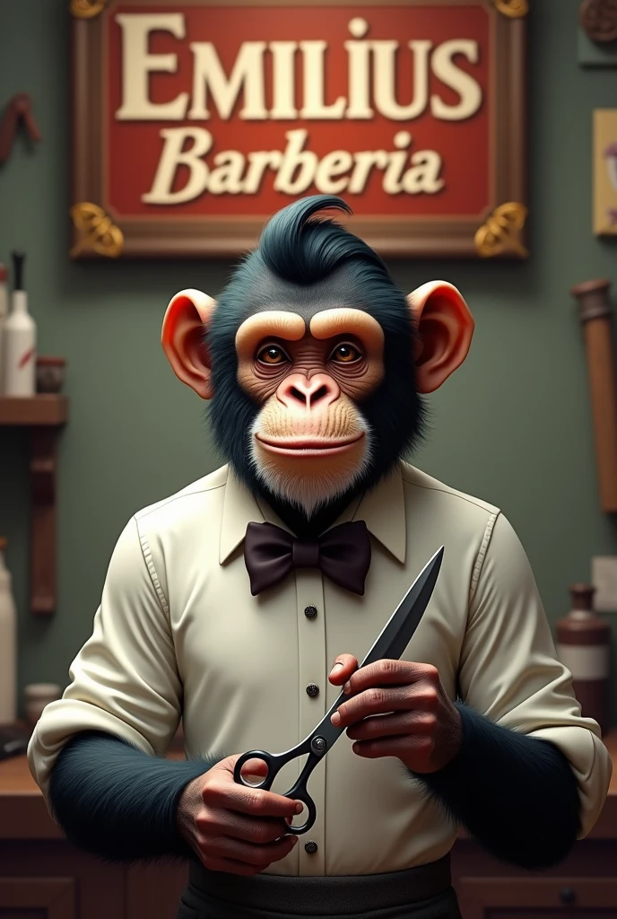 Chimpanzee barber, Side part hairstyle with white shirt and bow, with scissors and a knife holder in his hands, with a sign on the wall that says Emilius Barbería 