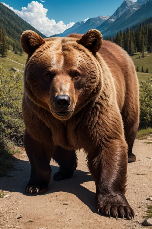 best quality, high quality, ultra quality, 8k, masterpiece, detailed, extremely detailed, insanely detailed, ultra detailed, ultra highres ,exquisite, lifelike Images,cinematic experience,UHD picture,Realistic,photorealistic,hyperrealistic,vivid,RAW photo,shot by DSLR, sky land, sky on the ground, Bear prowling, nice day, bear.