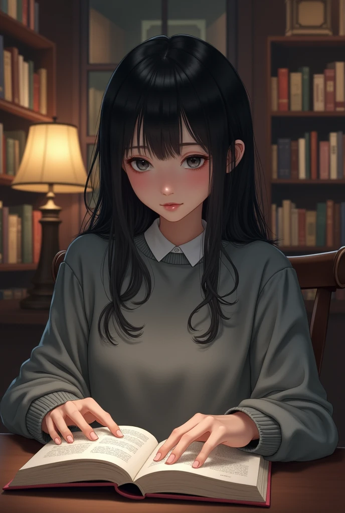 Black-haired girl with grey eyes in a library, reading a book, with a gray sweater that has straight hair and with a wide sweater 