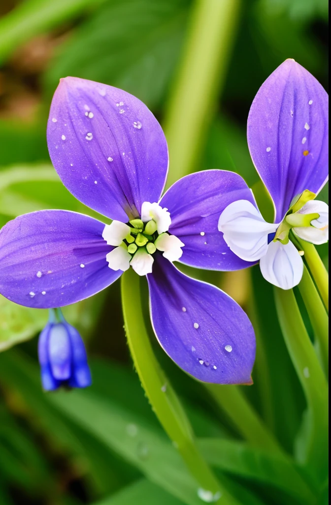 purple flowers with white stems in the grass in the sun, a macro photograph by Hans Schwarz, flickr, art nouveau, dew, springs, spring, spring early morning, early spring, dew drops, grape hyacinth, dewdrops, by rainer hosch, beautiful!!!!!!!!!, spring early, beautiful!!, beautiful!!!, violet, beautiful!, springtime morning