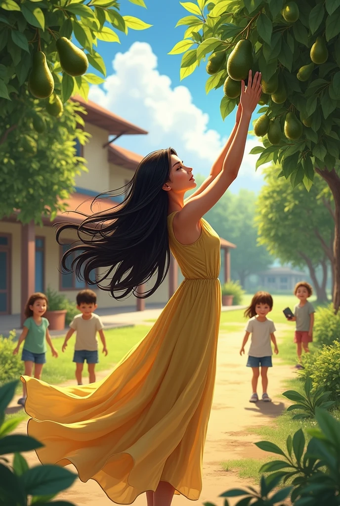 black-haired teacher, long and loose. at the country school with children playing and the teacher picking avocados, with a beautiful dress