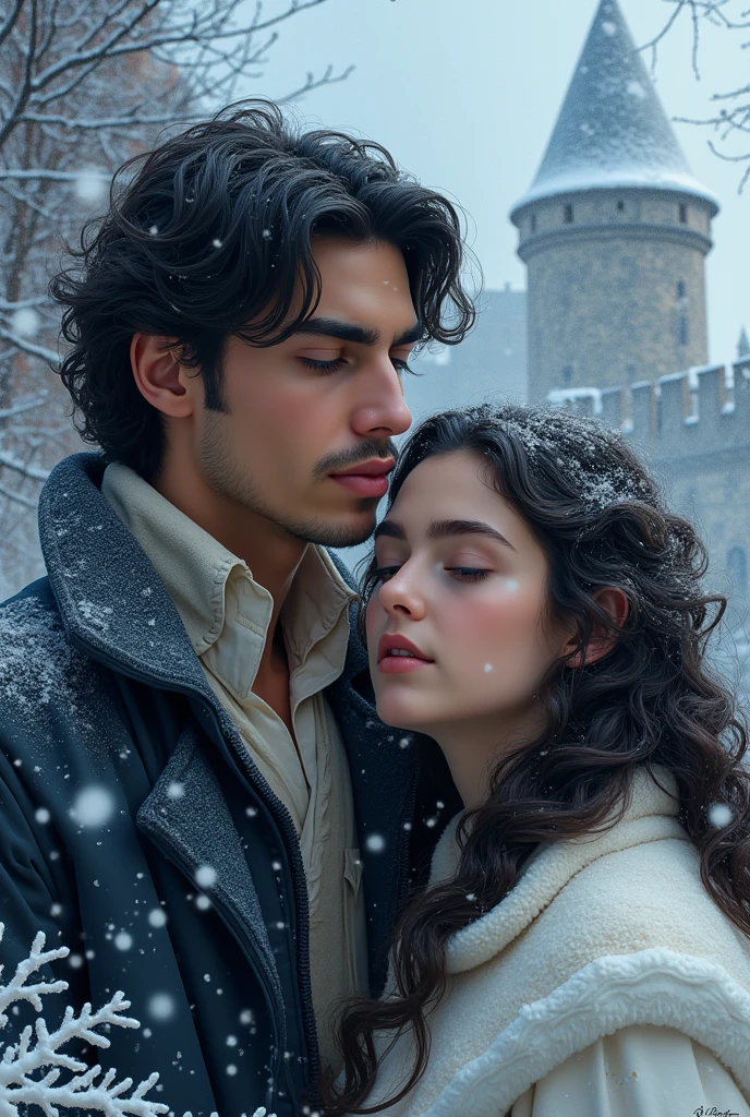 Book cover destiny traced actor Can Yaman big hair black actress curly hair young there is a daughter eleven year old couple straight black hair castle snow Christmas 