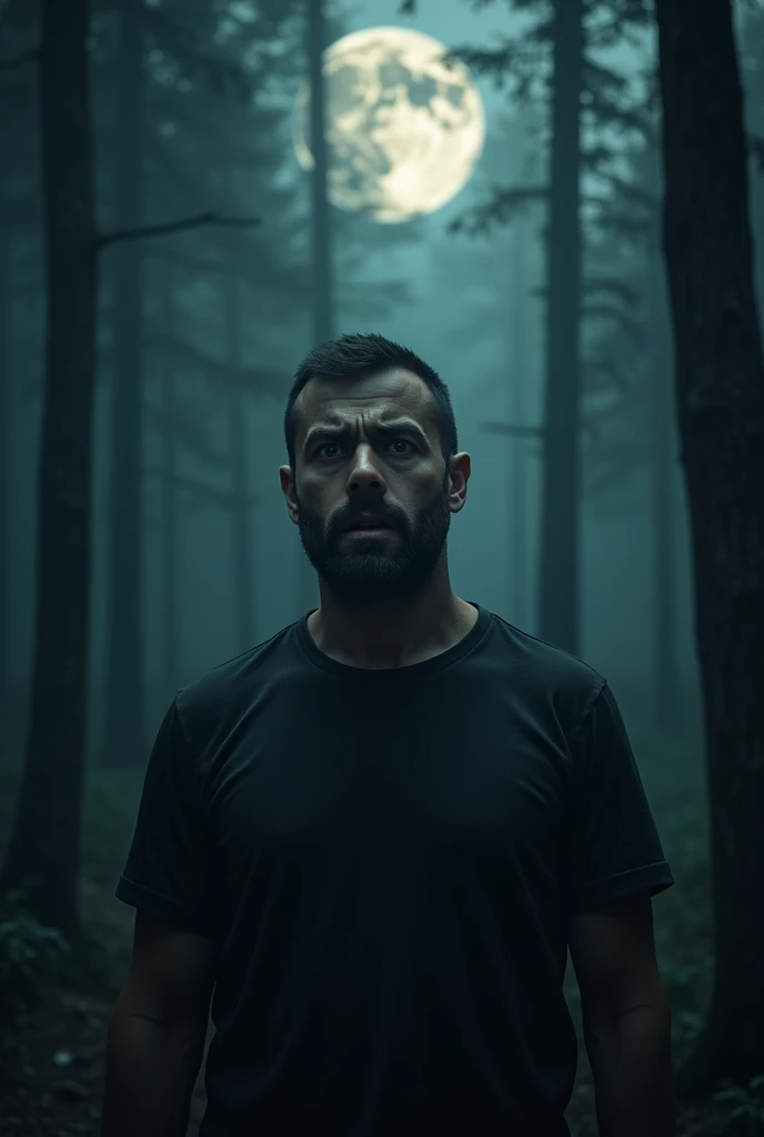 A hyper-realistic scene of a man with a short beard, his face filled with fear, standing in a dark, ominous forest at night. The moon is partially obscured by clouds, casting faint light through the trees, creating a sinister and dangerous atmosphere. The man appears tense and alert, surrounded by the eerie shadows of the forest.