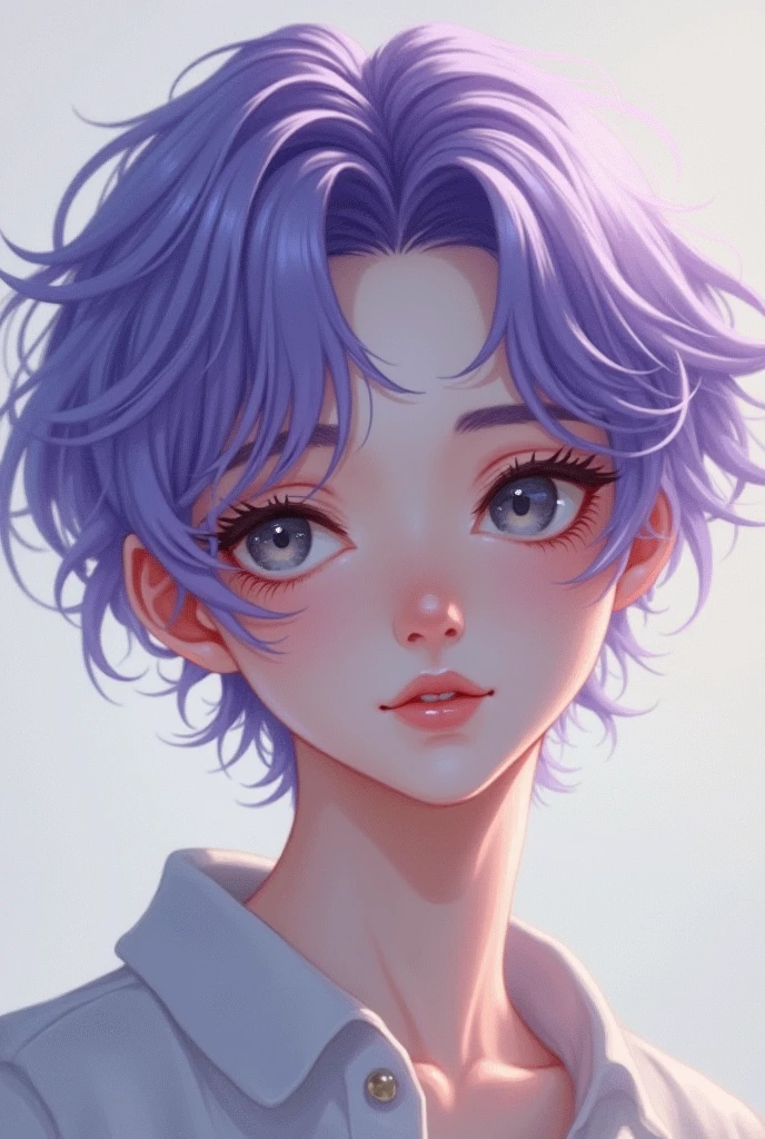 Short feminine male, purple hair, grey eyes, uwu, adult, sleepy