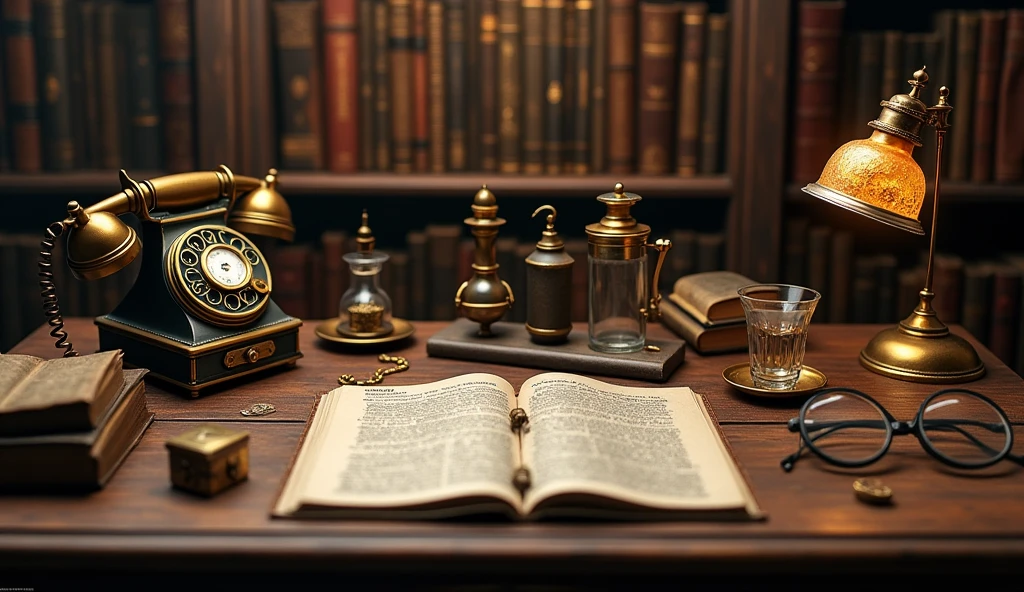 There are some vintage study items on both sides of the table,Vintage telephone、magnifier、Glasses and other vintage items,reel、Ornaments、newspapers, etc,Keep the middle of the desk blank 、Alchemist's Library Background, Magic Library, Exquisitely detailed miniature model, ancient library, Detailed scenery —width 672, High Detail photo, Small Library, Fantasy Alchemist's Laboratory, High Detail), gothic library, Ultra-detailed pictures, The wizard's apothecary, Gothic Epic Library, Magician's Chamber,Warm light atmosphere