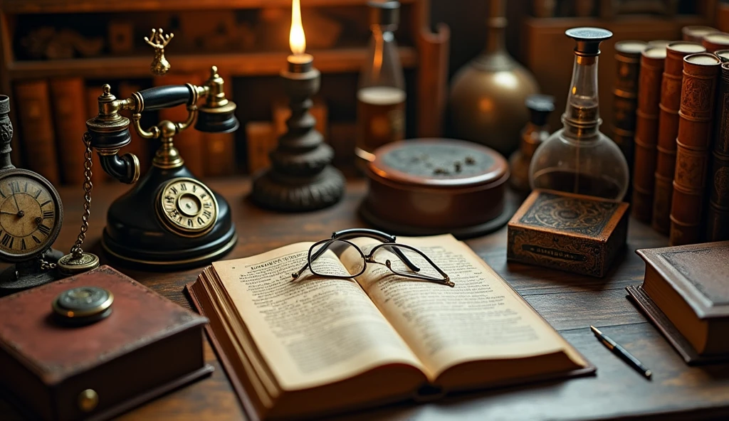 There are some vintage study items on both sides of the table,Vintage telephone、magnifier、Glasses and other vintage items,reel、Ornaments、newspapers, etc,Keep the middle of the desk blank 、Alchemist's Library Background, Magic Library, Exquisitely detailed miniature model, ancient library, Detailed scenery —width 672, High Detail photo, Small Library, Fantasy Alchemist's Laboratory, High Detail), gothic library, Ultra-detailed pictures, The wizard's apothecary, Gothic Epic Library, Magician's Chamber,Warm light atmosphere