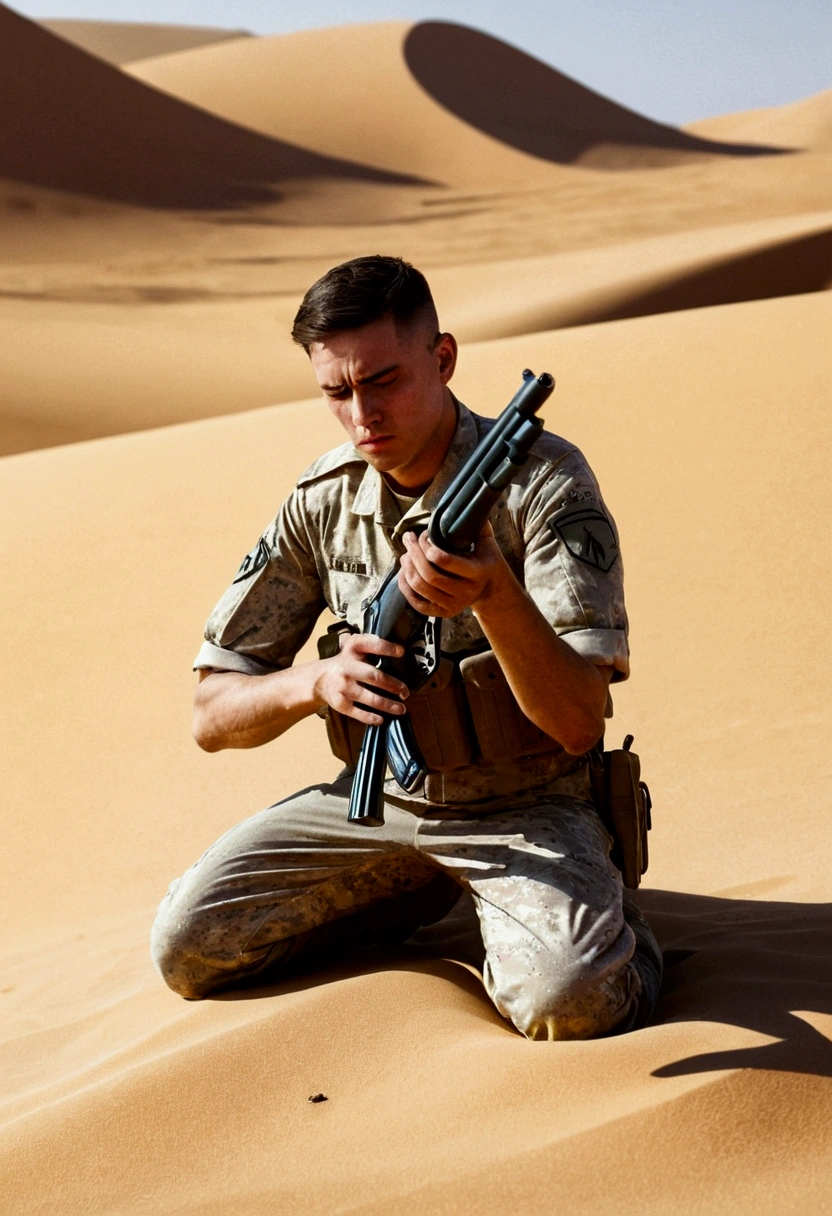 A male soldier in uniform lies in the desert、Put a gun next to you、Praying