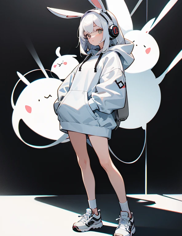 a young woman,1, wearing a white bunny hoodie, headphones, black and white sneakers, standing, full body shot, exposed