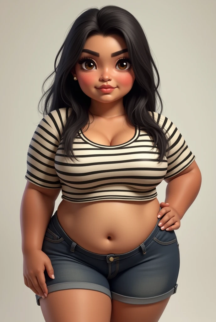 A single 3 woman, round face, thin eyebrows, rounded eyes, Wide nose, fine lips, long black hair, Full and wide body, short stature, clothing in shorts striped shirt, and her name is Miriam Camacho, small bust
