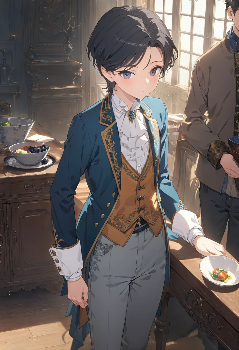 1.5, best quality, high quality, High definition, High quality texture, high detail, beautiful detailed, finely detailed, extremely detailed cg, detailed texture, ((ANIME)), 1girl, woman, female, ((european noble)), short hair, men's noble outfit, bound chest, flat chest, secretly female, ((black hair, bowl-cut with bangs swept to the right)), straight hair, short hair, ((men's pants, men's jacket, men's shirt,)) composed, ((18th century outfit))