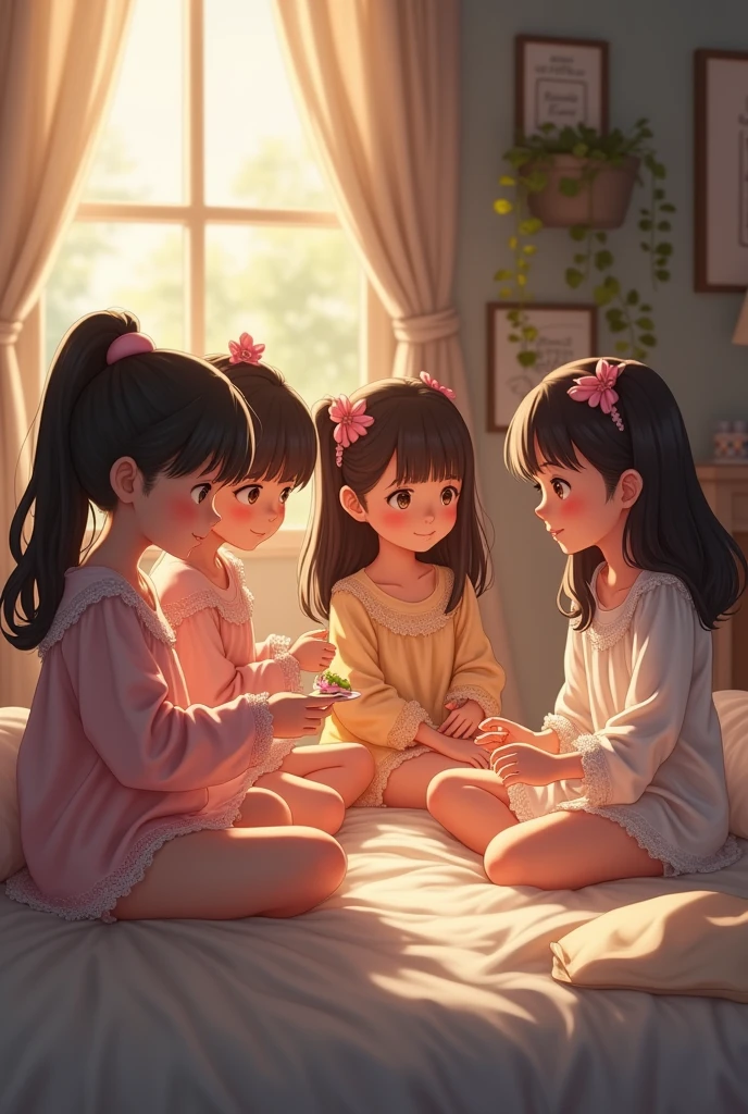 girls only pajama party(girls from 8 to ) (with transparent nightgowns or lingerie as pajamas) in a calm and pleasant environment to play before going to sleep