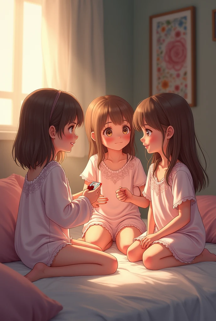 girls only pajama party(girls from 8 to ) (with transparent nightgowns or lingerie as pajamas) in a calm and pleasant environment to play before going to sleep