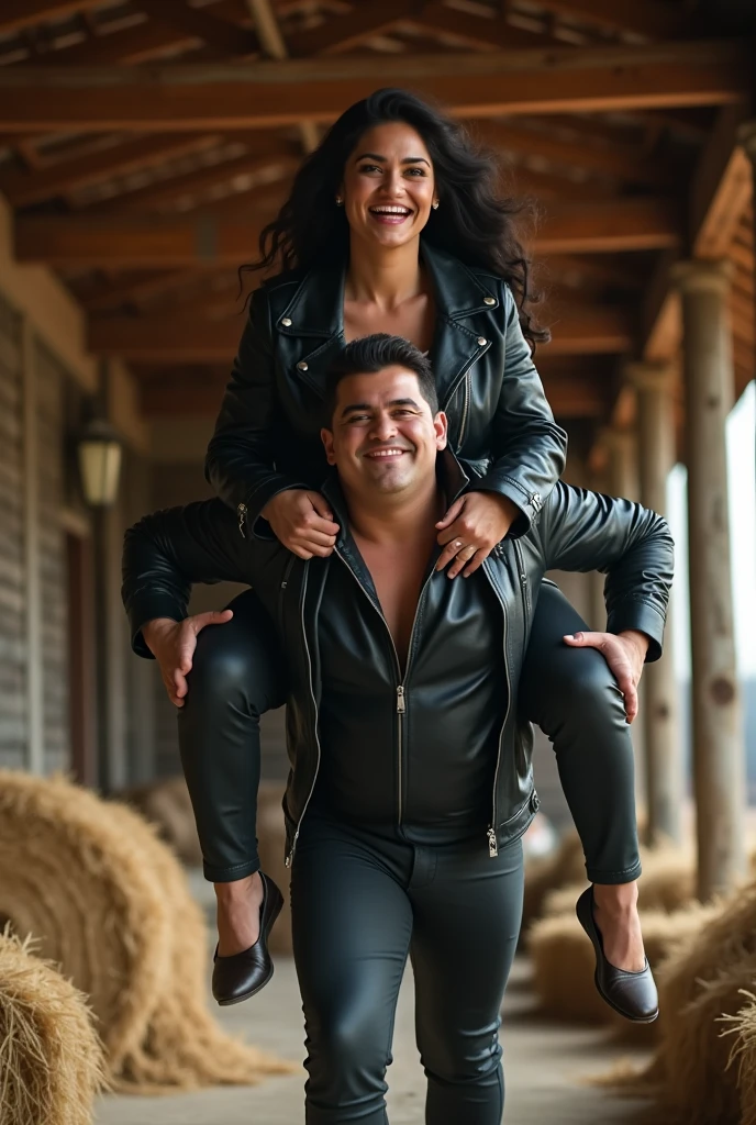 Smiling Nora fatehi in black leather jacket lifting and picking up a large chubby man in her arms on shoulders in a farmhouse , full view