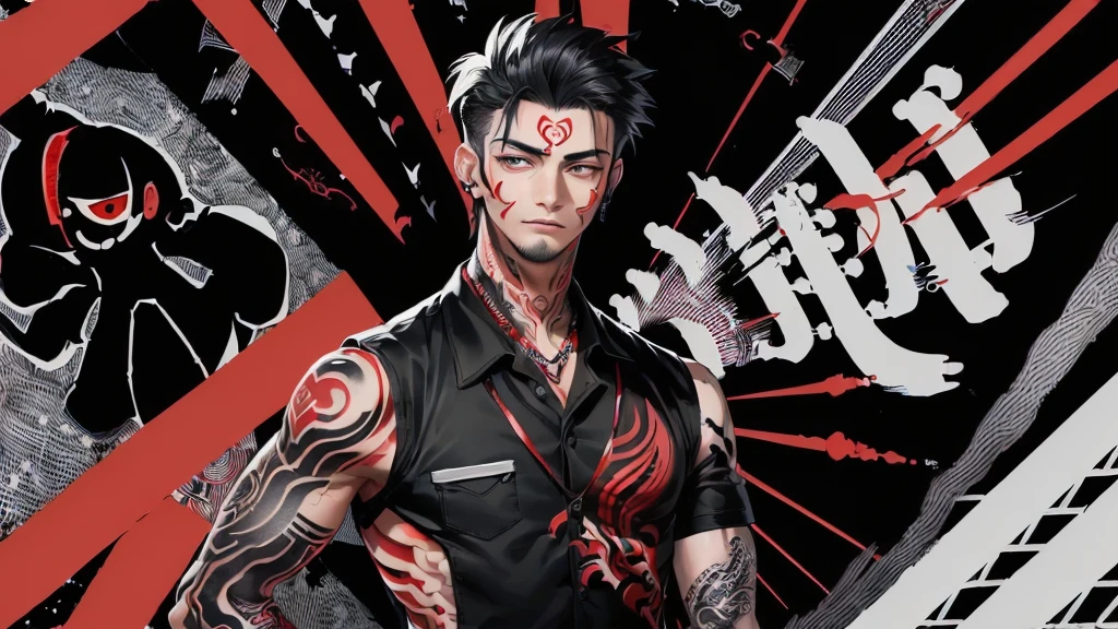 (((Black and red illustration using converging lines)))、(((Young handsome man with tattoo on arms with surprised face))),