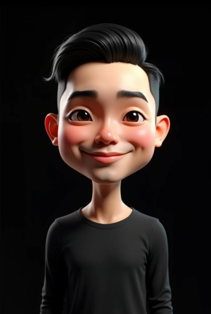Realistic 3d caricature. Big head. A 2 Indonesian man. Slightly tall, slightly round face shape. Oval chin, handsome, slightly round eyes, white skin, faint smile. Black hair with undercut slick back style. Wearing a black long-sleeved shirt. Body position is clearly visible. Black background. Use soft photography lighting with hair lights, edge lights, and top lights. Photos with very high detail