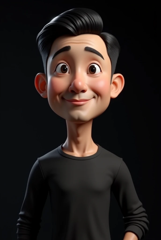 Realistic 3d caricature. Big head. A 2 Indonesian man. Slightly tall, slightly round face shape. Oval chin, handsome, slightly round eyes, white skin, faint smile. Black hair with undercut slick back style. Wearing a black long-sleeved shirt. Body position is clearly visible. Black background. Use soft photography lighting with hair lights, edge lights, and top lights. Photos with very high detail