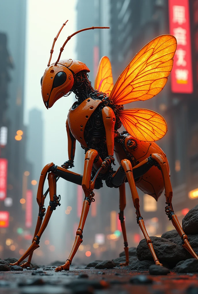 A ant like a robot in the city ant color is orange like robot ant with highlight colour skin like a fire and butterfly color us mix