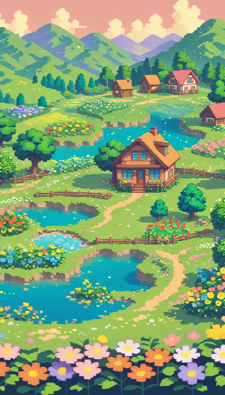 ultrawide landscape lofi stardew valley pixel star valley kawaii cottagecore, No people