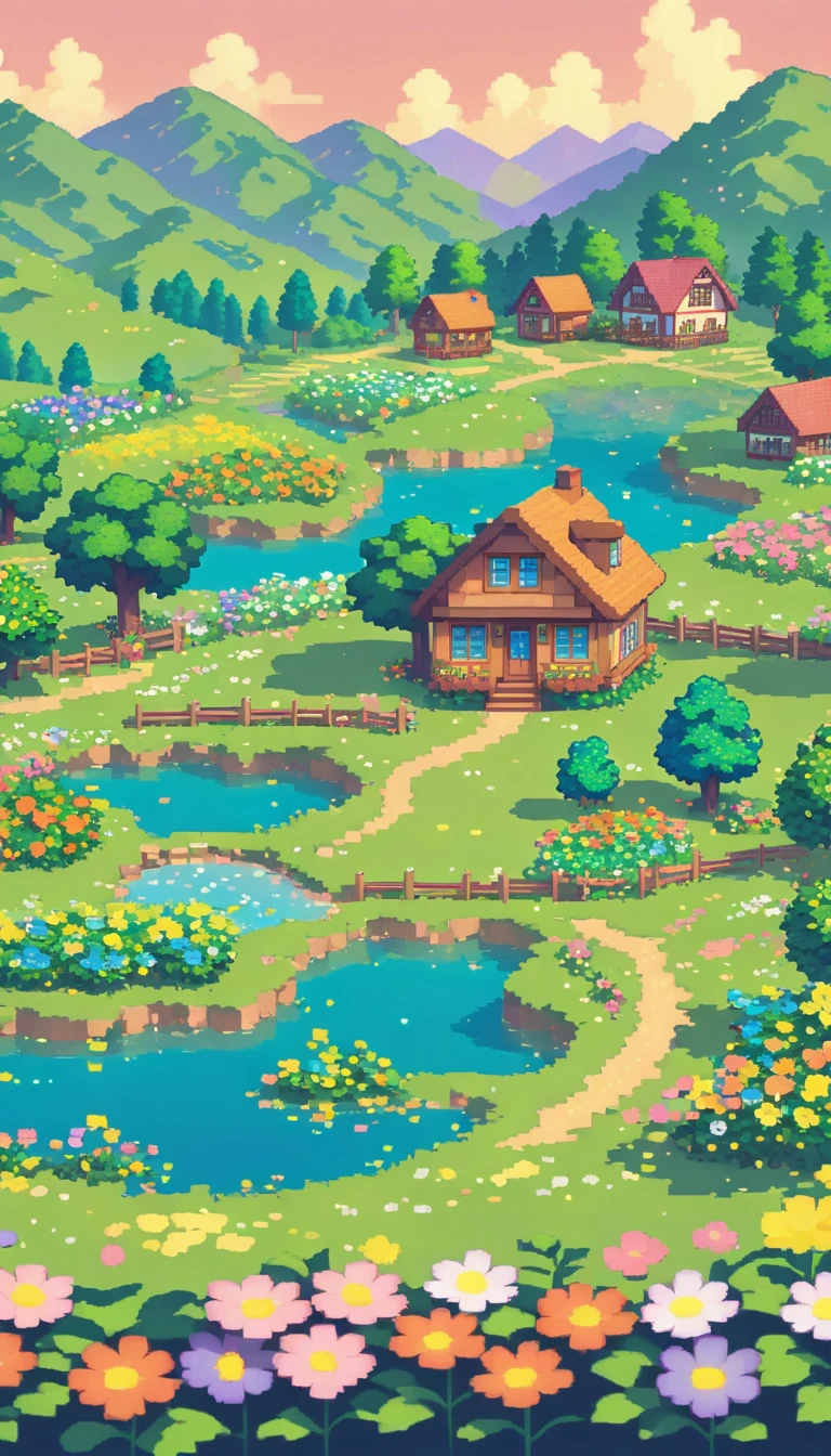 ultrawide landscape lofi stardew valley pixel star valley kawaii cottagecore, No people