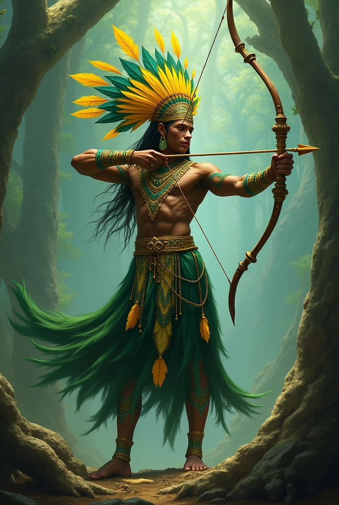 Orixá Oxossi shooting the arrow with yellow, green and blue feathers on his head and the details of his green clothes