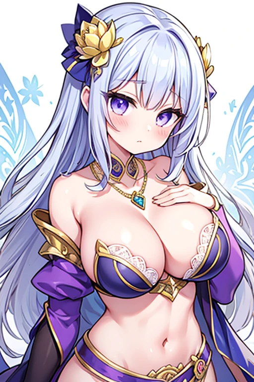 Wearing sexy transparent white gold low cut lace armor、Large cleavage、Close-up of a woman holding a lotus flower in her hand, Head Jewelry, Violet Necklace, Jade Belt , Toned Abs, Beautiful Fantasy Empress, ((Beautiful Fantasy Empress)), Beautiful Celestial Magician, Beautiful character drawings, Full body fairy, Portrait of a girl in the Knights of the Zodiac, Jan J, g lillian art style, Fantasy art style, Shorthand