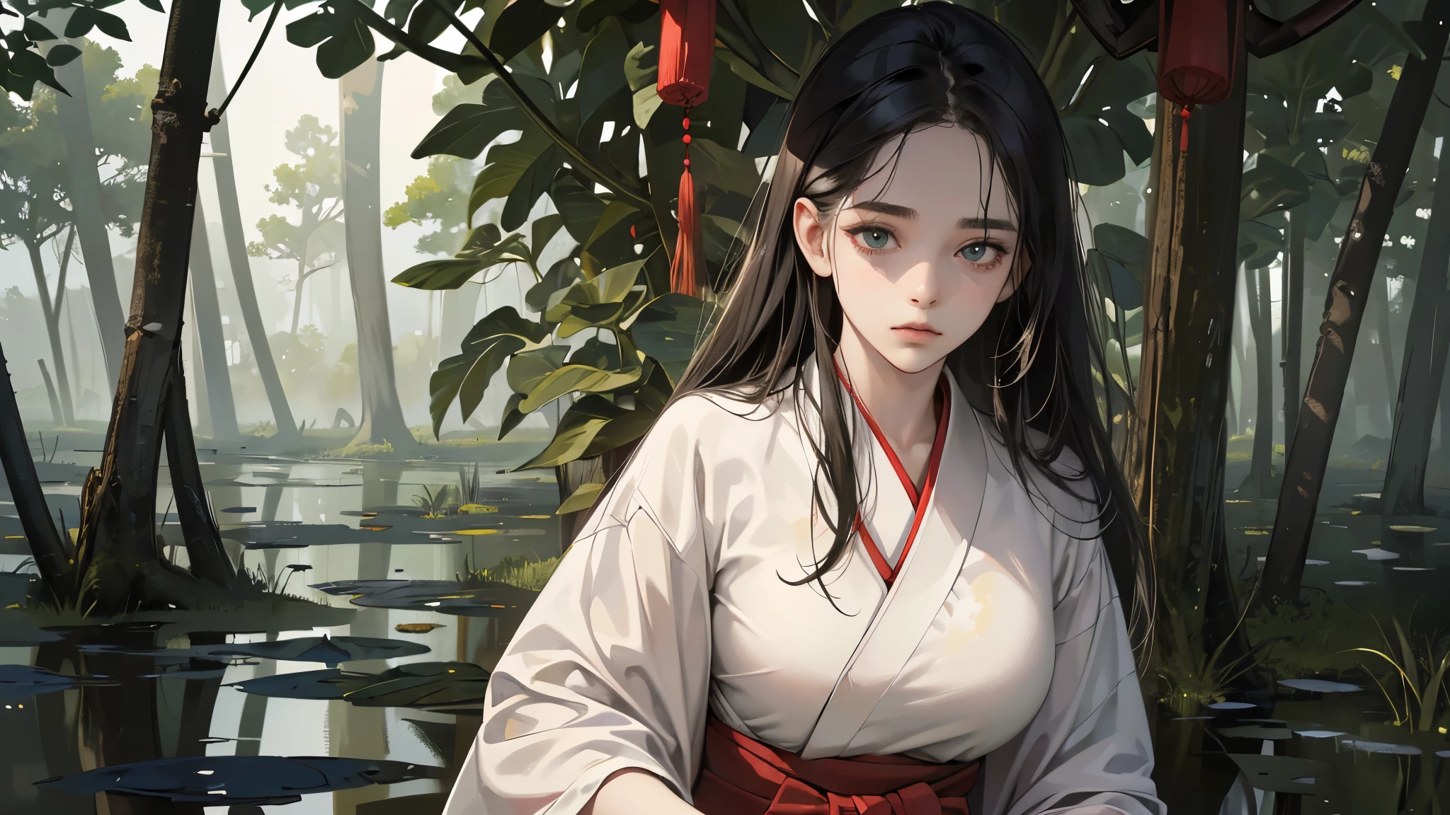 (absurdres, highres, ultra detailed),masterpiece,best quality,high resolution,8k,Realistic face,Realistic skin texture,magnified textures, stunning clarity,(ultra detailed eyes and face),(1 girl:1.4),long hair,black hair,pale skin, mysterious eyes,(expressionless:1.2)(basuful:1.1),look at viewer,Delicate atmosphere,,(creepy swamp:1.4),,midnight,(tentacles in the background:1.2),Japanese shrine maiden, ,(white kimono),(red hakama) thin body type,big breasts,