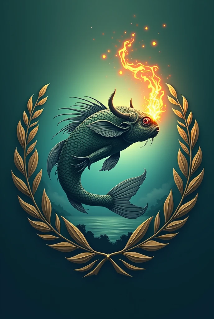 Design a logo featuring a unique combination of a fish and a water buffalo, adorned with a torch and laurel elements. Incorporate shades of green and blue to convey a sense of harmony and tranquility. Be creative and innovative in showcasing the fusion of these symbols to symbolize strength, power, and growth.