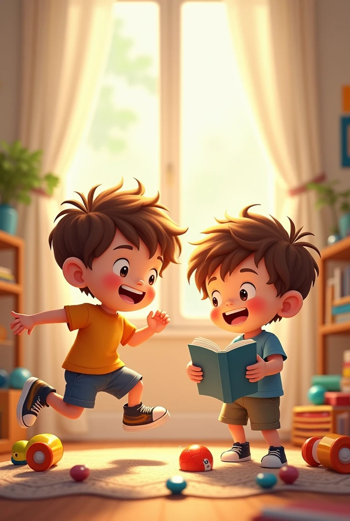 Twins of four years age are at home one boy is jumping and playing with his toys in happy mood other boy is reading books