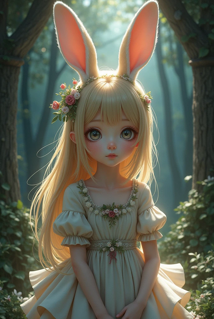 A girl with bunny ears, beautiful girl body, innocent face, dark blonde hair, flat chest slightly protruding, ((medieval outfit)), ((Anime dark fantasy Style)).
