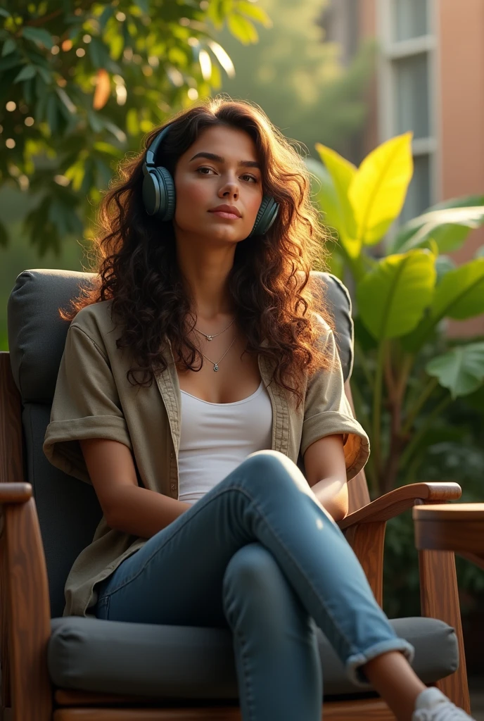 (photorealism:1.2), beautiful woman, sitting on chair, listening music with headset,wearing jeens shirt, skinned pants, long curly hair, outdoor, soft lighting, plants in background, relaxed pose, realistic, intricate details, warm colors,