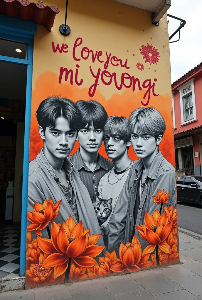 Wall on a Brazilian street with graffiti saying 'we love you Mi Yoongi' and BTS, with tangerine graphite drawings, lotus flowers and drawing of a kitten with simple drawing strokes.