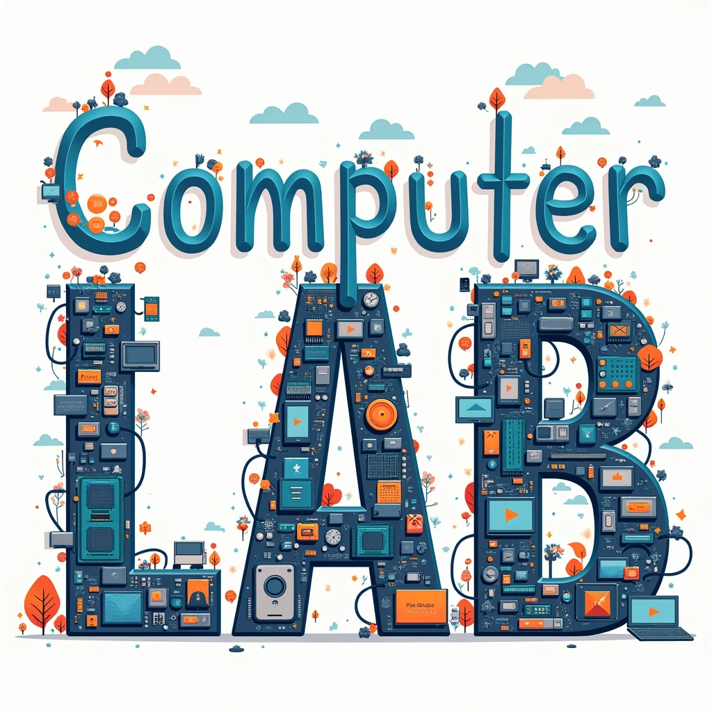 Illustrate the words "Computer Lab" and have each letter completely filled with an object from the field of computer science. Let the size be 2250x1680
Illustration concept:
C: CPU (Central Processing Unit)
O: Optical Mouse
M: Motherboard
P: Power Supply Unit
U: USB Flash Drive
T: Tablet
E: Ethernet Cable
R: RAM (Random Access Memory)
L: Laptop
A: Arduino Board
B: Bluetooth Headset