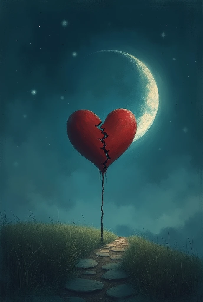 make a calm night sky with moon and illustrate a heart that’s cracked symbolizing healing and reconciling
