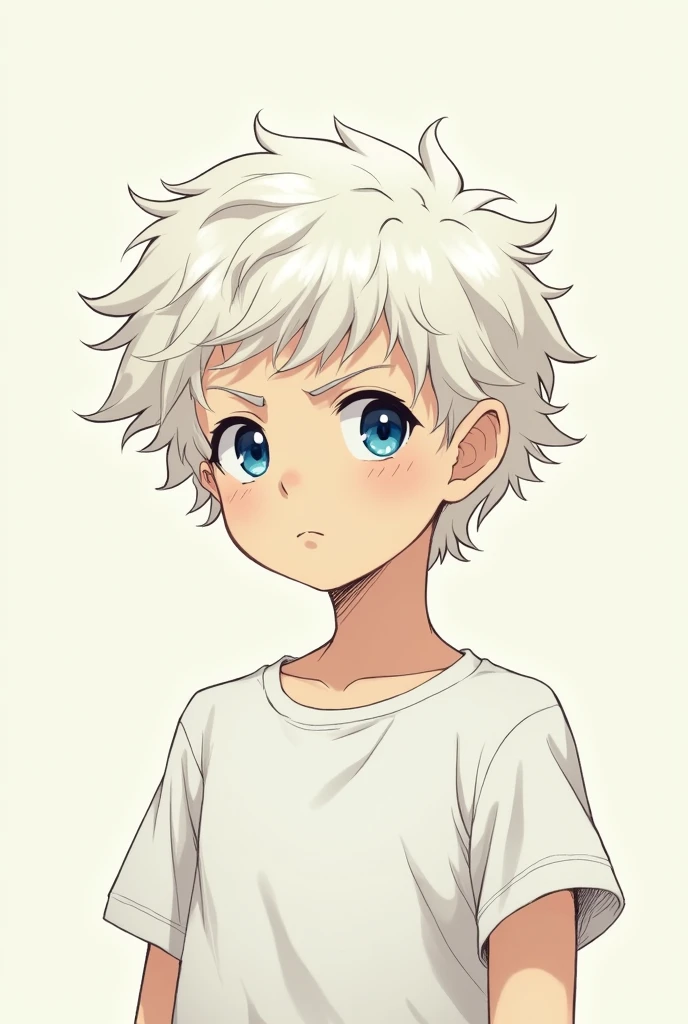 Manga boy over  with white curly hair, blue eyes, wearing a t-shirt, serious attitude, low shine, not so much