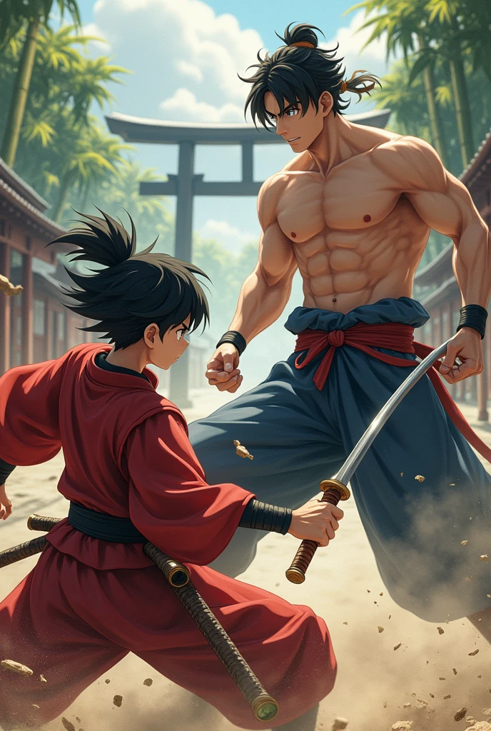 A dynamic anime-style poster featuring a age samurai facing off against a tall, muscular man who is shirtless. The scene is set in feudal Japan, with a focus on dynamic poses that convey a sense of motion and intense action. The art should evoke a cinematic feel, with a camera angle that emphasizes the dramatic confrontation. The teen should be in mid-attack, while the muscular man prepares to counter, both surrounded by swirling dust and debris. The background should include traditional Japanese elements like torii gates, bamboo forests, and old wooden buildings.
Art Details: 16K, HDR, RTX, raytracing, natural lighting, absurd resolution, best quality, masterpiece, perfect anatomy, highly detailed faces, intense and determined expressions, intricate armor details, flowing hair and clothing, glowing weapons, dynamic composition, award-winning style, trending on art platforms.