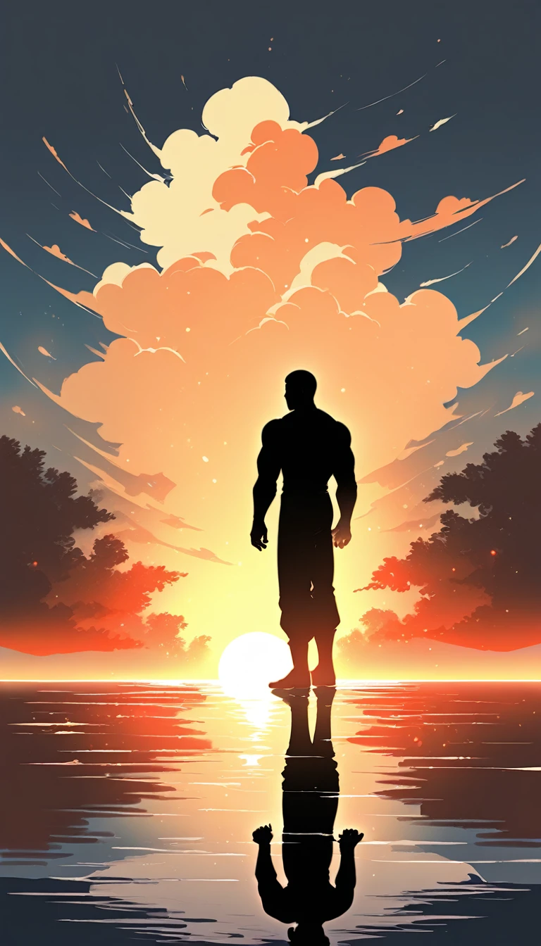 A Strong Buddhist muscular man stands in the smoke, Black jumpsuit, Very tight, Silhouette effect, Tall muscular man, Priapus, Dark Black, Dark black skin, Buzz Cut, His muscles are very developed, Very tall, short hair, Blend into the smoke, Lake, Reflection, Sunset, Sunset, Man silhouette, Chinese, black and white, Simple style