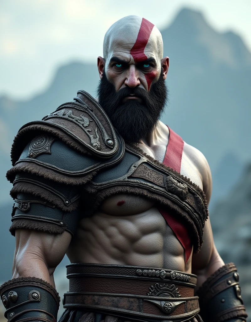 "kratos, main character of God of War, with their original swords, Blades of Chaos, generated with Unreal Engine 5.1, Rendered by Nvidia RTX GeForce 4090 and Processed by Intel Core i9-13900K. The armor is dark and worn, with leather and metal details. The swords are identical to the originals, with its distinctive design and serrated edge. La cara de kratos es igual a la oficial, with a serious and determined expression. The eyes are blue and penetrating. he is bald, with a completely shaved head. The lighting is dramatic, with deep shadows and intense lights. The background is blurry, with a landscape of mountains and cloudy sky. The image is hyperrealistic, with extremely precise details and realistic textures. The look is cinematic, with a focus on action and character intensity."