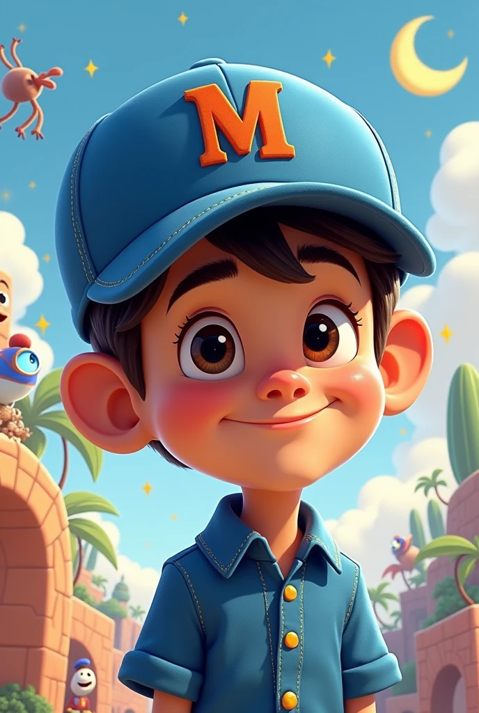 Disney Pixar style drawing of Pablo Marçal wearing a blue cap with the letter M