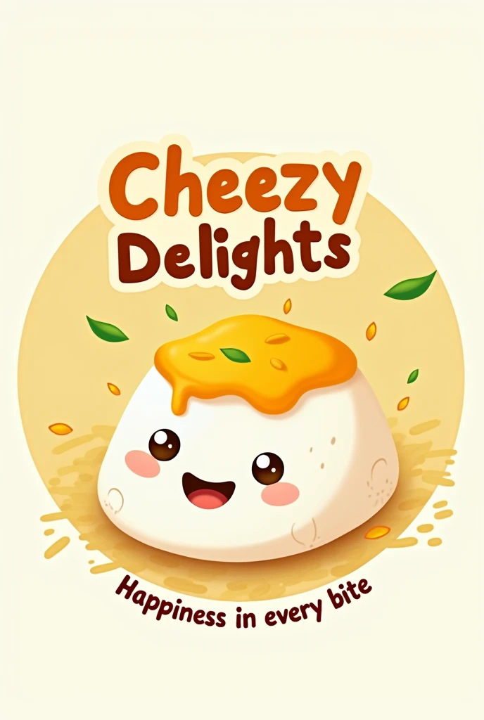 The logo features a stylized, smiling, and slightly abstracted puto (a round, soft steamed rice cake) with a slice of cheese melting on top. The colors are warm yellows, whites, and hints of green, giving it a fresh and appetizing look. The brand name, "Cheezy Delights," is written in a playful yet clean font. The tagline "Happiness in Every Bite" is placed below the name, encapsulating the joy and comfort your product brings. The overall design has a circular shape with a subtle rice grain texture in the background, symbolizing the core ingredient of puto.