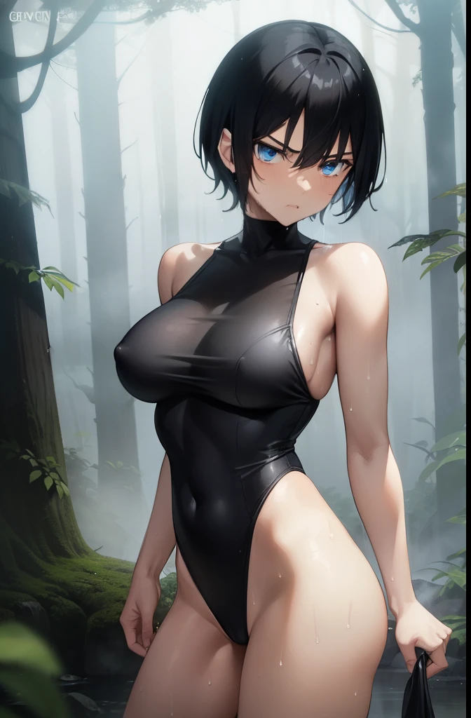 boyish,Very short hair,Black Hair,Large Breasts,Yellow leotard,High leg,Serious face,blue eyes,forest,Sweat,Wet,fog,cloudy,rain,barefoot,Cowboy Shot,