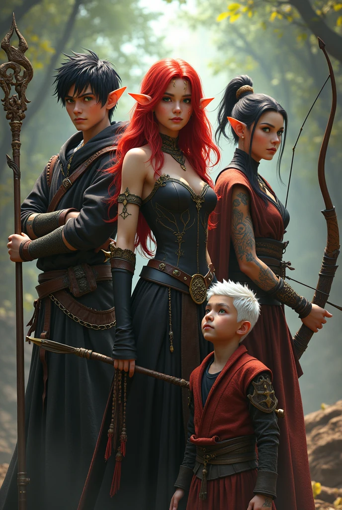 Group of 5 members, human green eyes, black hair, staff, green clothes, An elf, red hair and green eyes with a bow and arrow, a human with hair, black clothing, one brown eye and one blue, a human monk with black hair, a boy with white hair and tattoos on his body