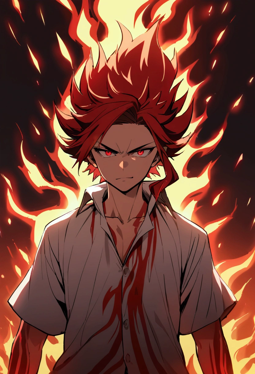 age boy, spiky hair, long hair, bright red hair, big strip, Eyes red, serious face, simple smile, loose, flared white shirt, red tattoos on the body, fiery aura.