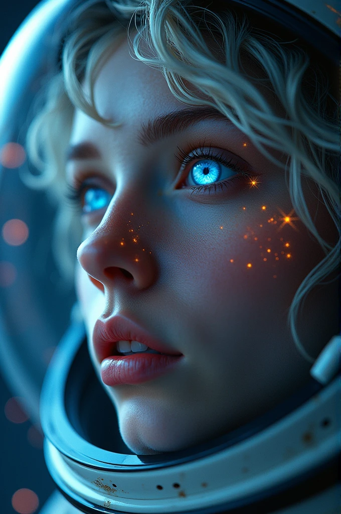 (Close-up of a better masterpiece:1.5)0.9], (Space and astronauts:1.2) (Messy silver hair:1.1) (Heterochromia xanthochromia and blue eyes:1.2) (Space Helmet:1.0) (Colored stars in the eyes:1.0) (A radiant glow:1.1) (thick lips:0.9)